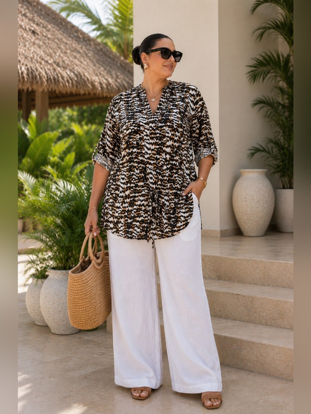 Calvin Klein Animal Print Long Sleeve Tie Waist Blouse Mob Wife Women's 0X